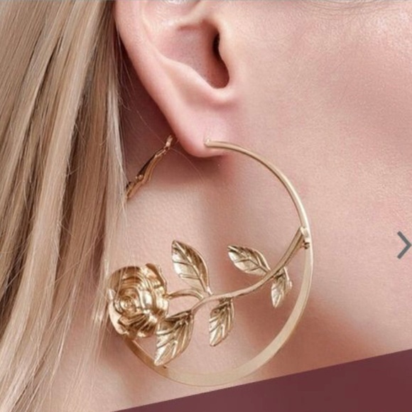 Gold Rose Hoop Earrings - Picture 1 of 5
